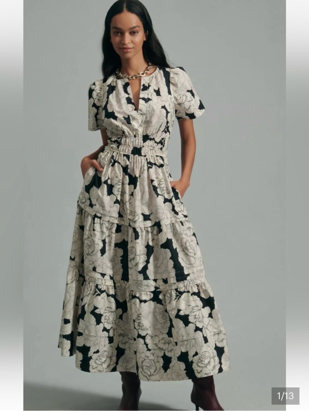 Anthropologie Somerset Black and Off Floral Print Maxi Dress